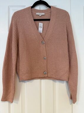 NWT LOFT Peach Metallic Ribbed V-Neck Rhinestone Button-Front Cardigan (Size: L)